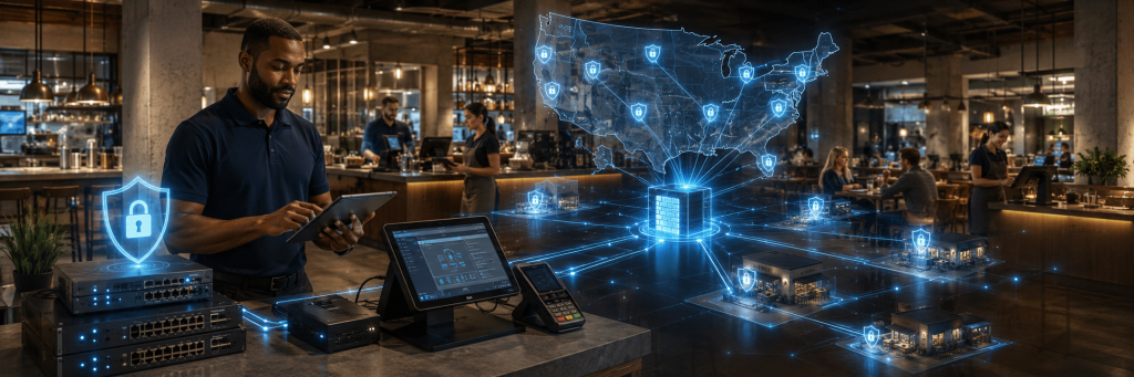 IT professional in a cafe uses a tablet beside network gear as a blue holographic security network with shield icons links model buildings across a map of the U.S.